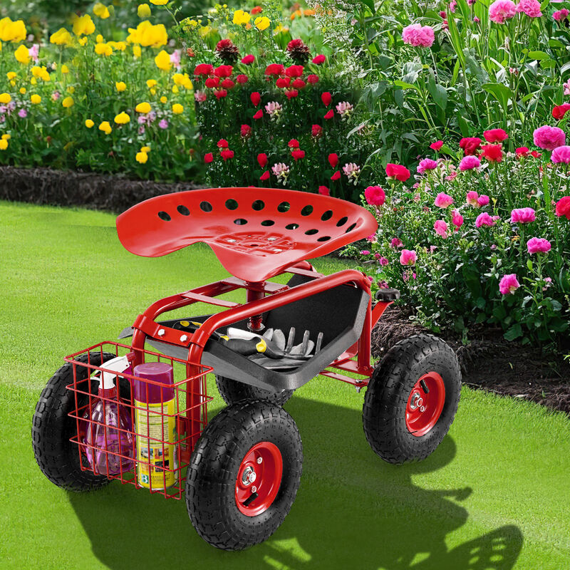 4-Wheel Rolling Garden Cart with Adjustable Work Seat for Yard and Lawn Tasks