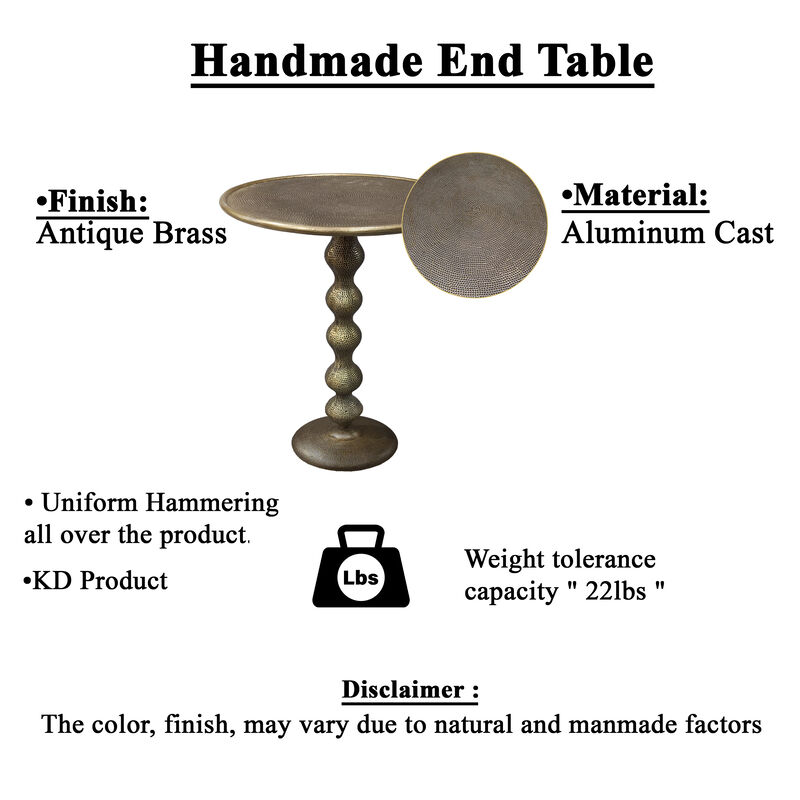 Shae 22 Inch Round Side End Table - Antique Brass Cast Aluminum with Hammered Texture For Small Places