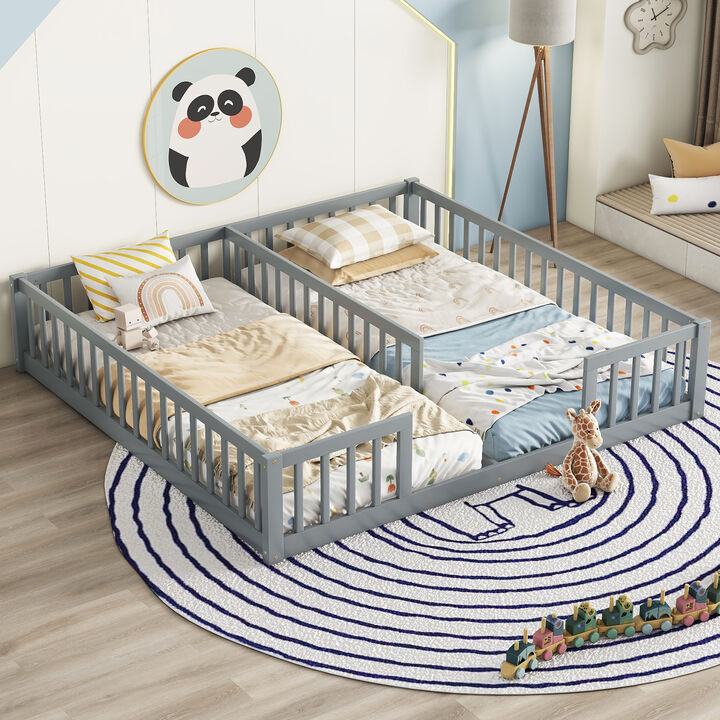 Whisen Double Twin Size Wood Floor Bed with Fence and Guardrails