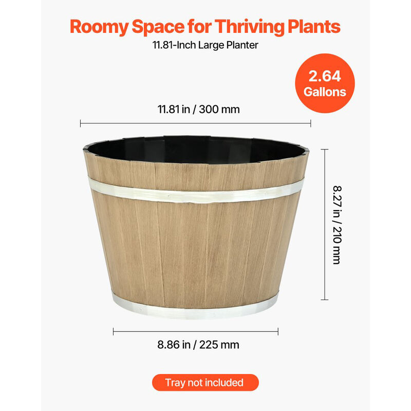 4 Pack Large Plastic Planters with Drainage, Whiskey Barrel Design Flower Pots-Brown image number 5