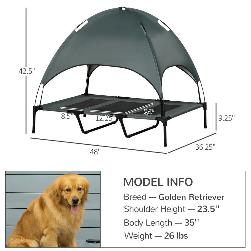 Shaded Canine Comfort: 48" Gray Elevated Dog Bed with UV Canopy