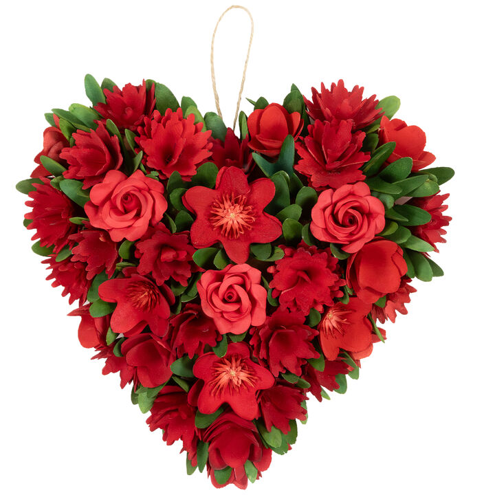 Mixed Floral with Wooden Flowers Artificial Valentine's Day Heart Wreath - 12.25"
