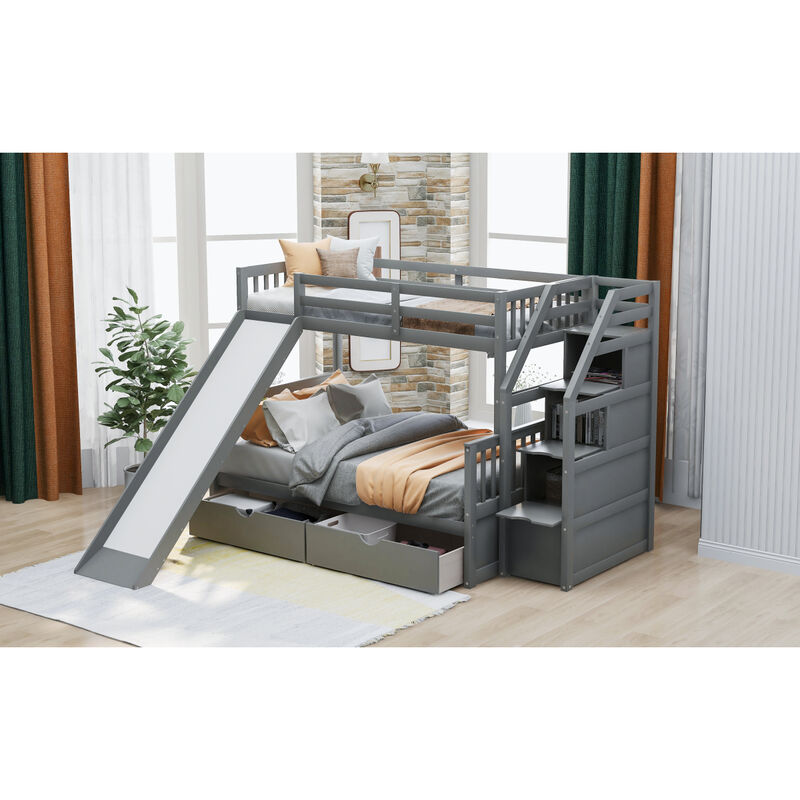 Twin Over Full Bunk Bed With Drawers, Storage And Slide, Multifunction