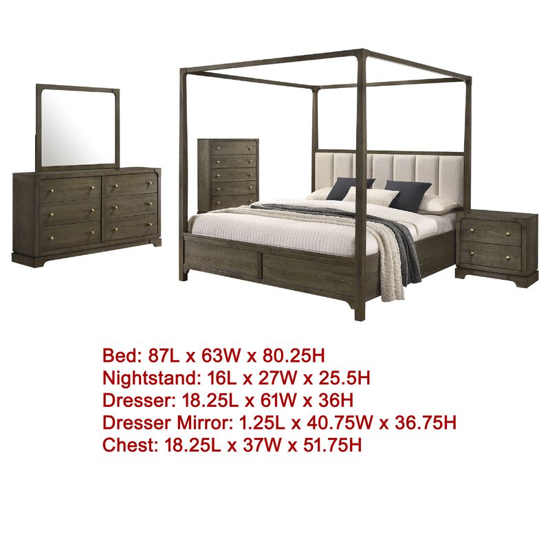 Seon 5pc Queen Bedroom Set, Dark Brown Solid Wood, Canopy Style Bed