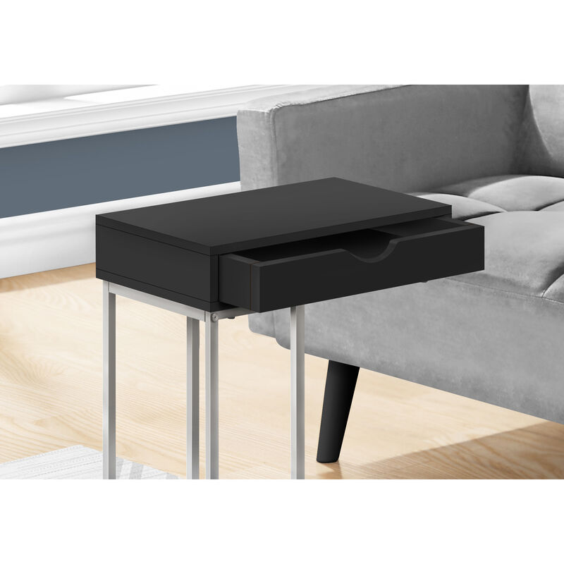 Monarch Specialties I 3773 Accent Table, C-shaped, End, Side, Snack, Storage Drawer, Living Room, Bedroom, Metal, Laminate, Black, Grey, Contemporary, Modern