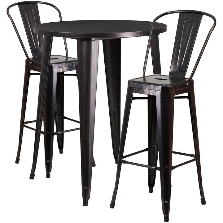 Flash Furniture Commercial Grade 30" Round Black-Antique Gold Metal Indoor-Outdoor Bar Table Set with 2 Cafe Stools