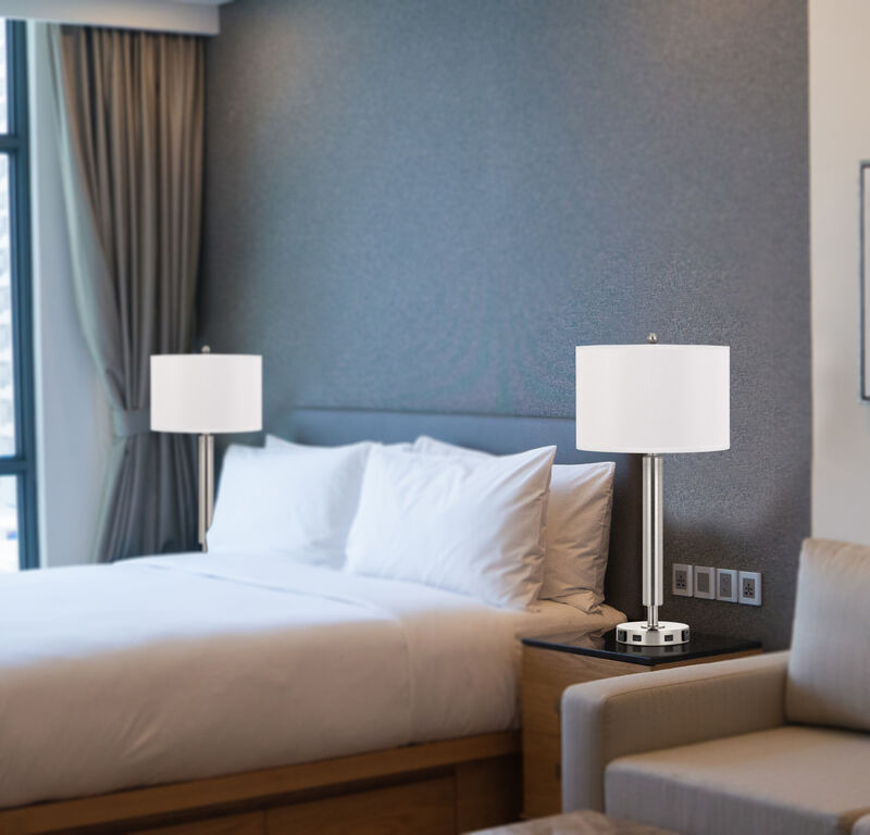 Hivvago 30" Nickel Metal Cylinder USB Table Lamp With White Drum Shade