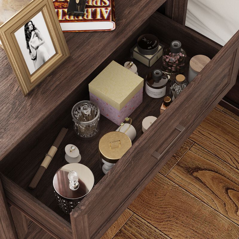 FUFU&GAGA Retro 3-Drawer Bedside Table with Silver Handles, Large Beveled Edge Faux Thick Design and Patterned Drawer Fronts, (34.4 in. W x 31.4 in. D x 15.7 in. H), Dark Brown Wood Grain