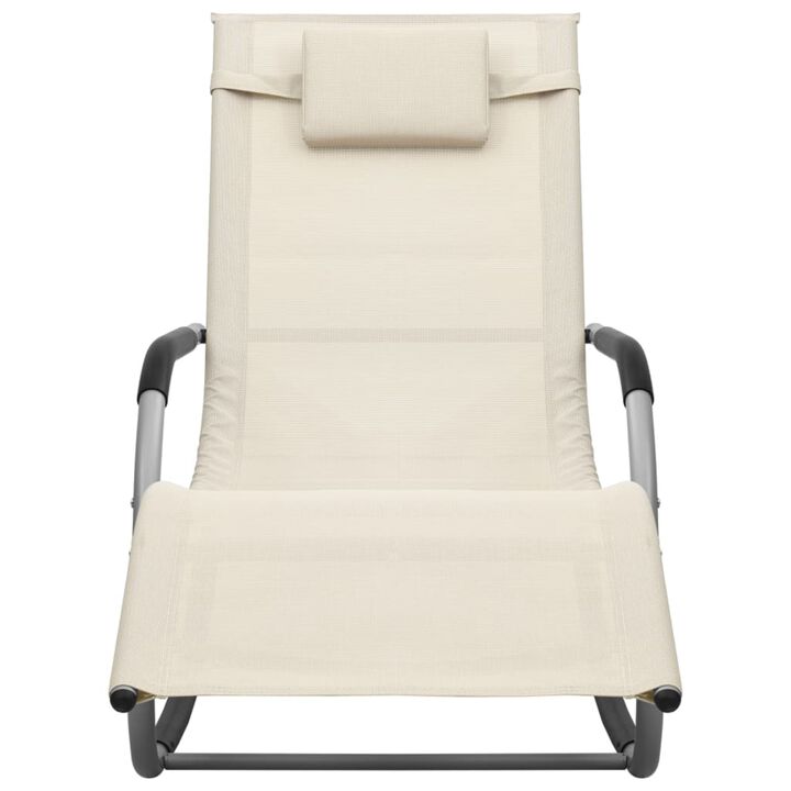 vidaXL Textilene Sun Lounger in Cream and Gray - Weather-Resistant Outdoor Furniture with Pillow and Side Bag -Powder-Coated Steel Frame.