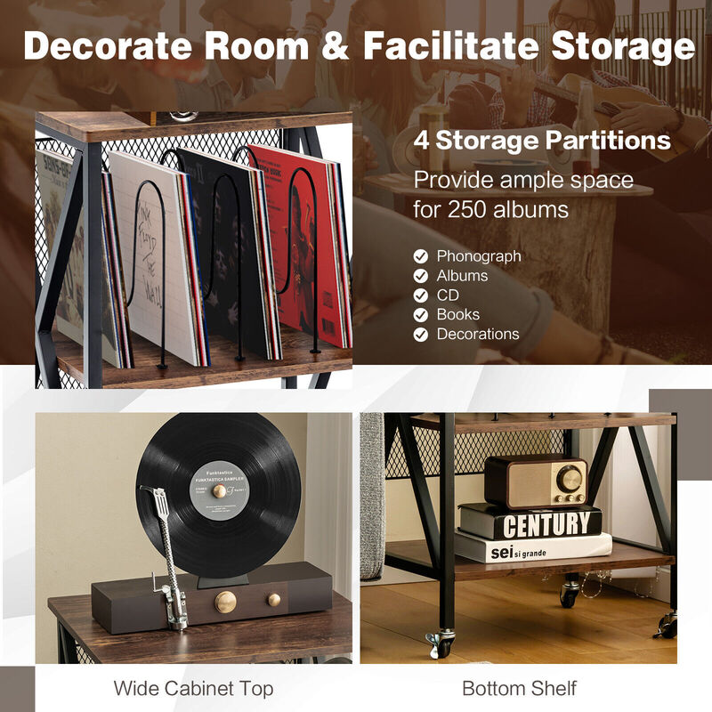 3 Tiers Vintage Style Rolling End Table with 3 Dividers for Albums-Brown