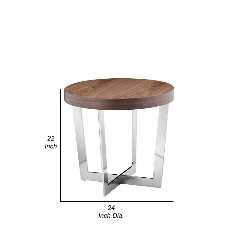 Tini 24 Inch Side End Table, Round Shaped Top, Metal Frame, Walnut Brown