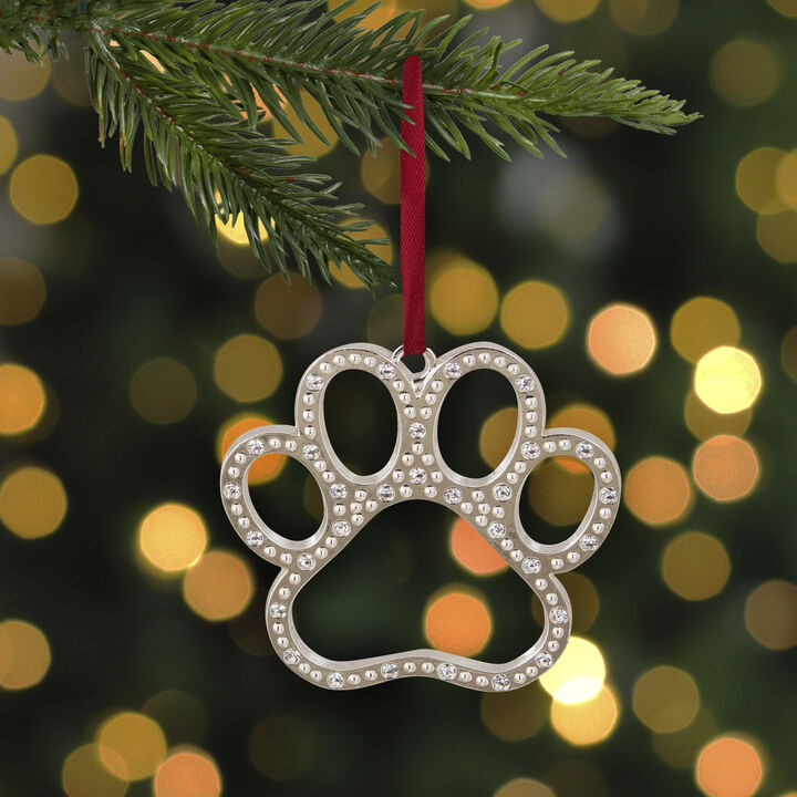 2.5" Silver-Plated Paw Print Christmas Ornament with European Crystals