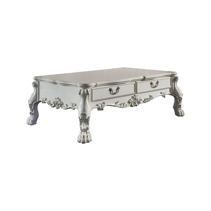 Benjara Ally 57 Inch Coffee Table, Aspen Wood, Classic Ornate Scrollwork, White and Silver