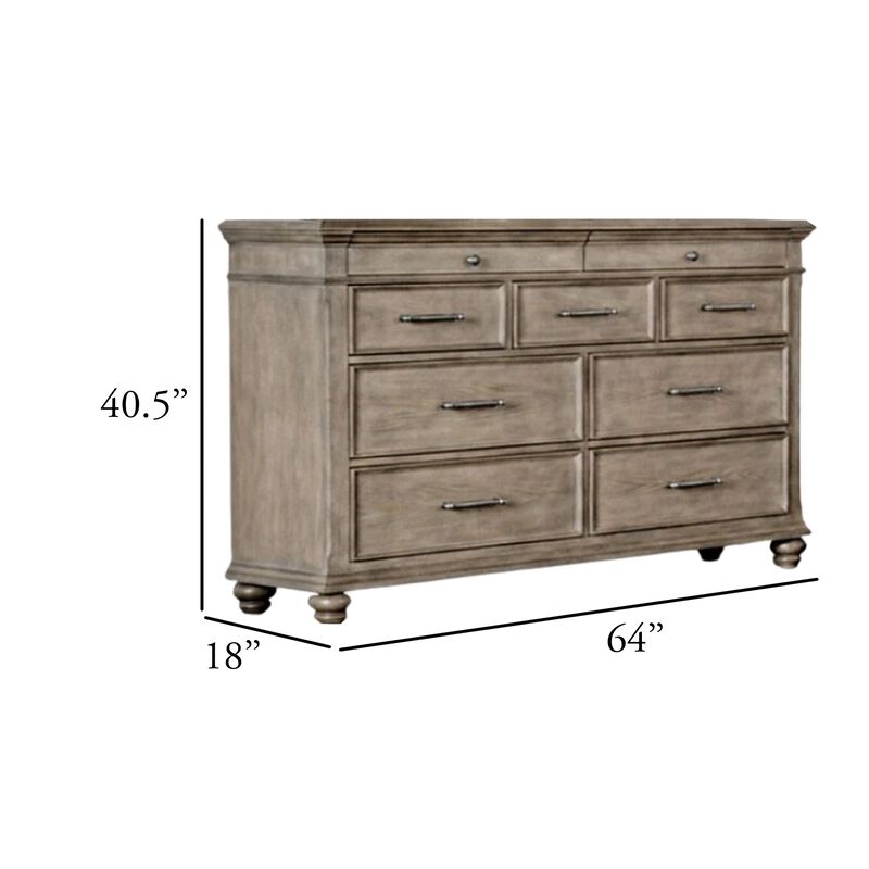 Zea Wide Dresser, 9 Drawers w Chrome Handle, Bun Feet, Aged Oak Brown image number 5