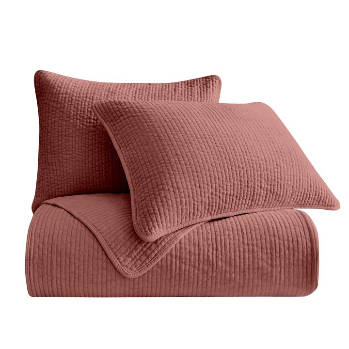 Stonewashed Salmon Cotton Velvet King Quilt Set