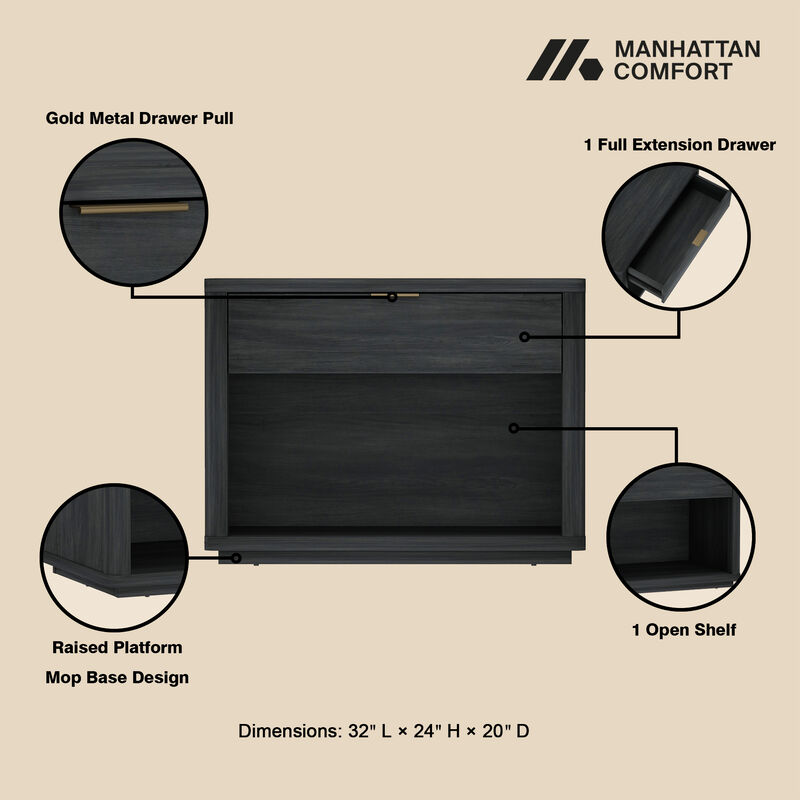 Evelyn Wide 1-Drawer Nightstands in Dark Gray (Set of 2)