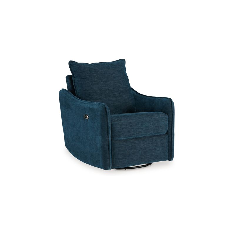 Bradley Swivel Power Recliner Chair, Dark Blue Polyester, Pillow Back - Benzara