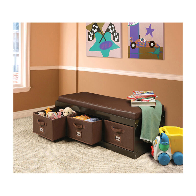 Badger Basket Co. Kid's Storage Bench with Cushion and Three Bins - Espresso with Espresso