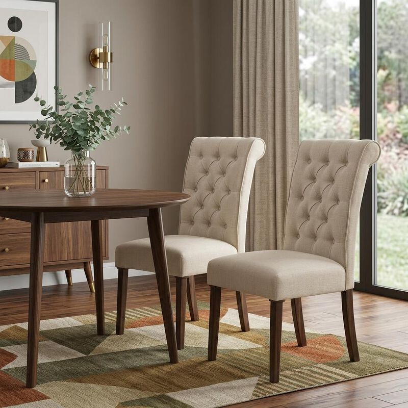 HomeRoots Set of Two Tufted Beige and Brown Upholstered Linen And Solid Wood Dining Side Chairs image number 1