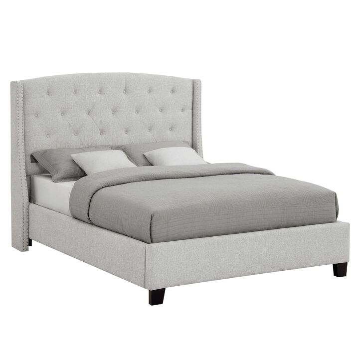 Elle Queen Size Bed, Tufted Wingback Headboard, Dove Gray Upholstery