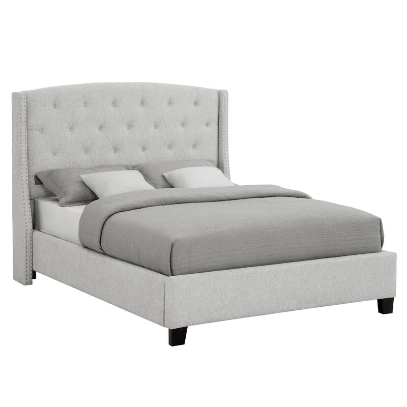 Elle Queen Size Bed, Tufted Wingback Headboard, Dove Gray Upholstery