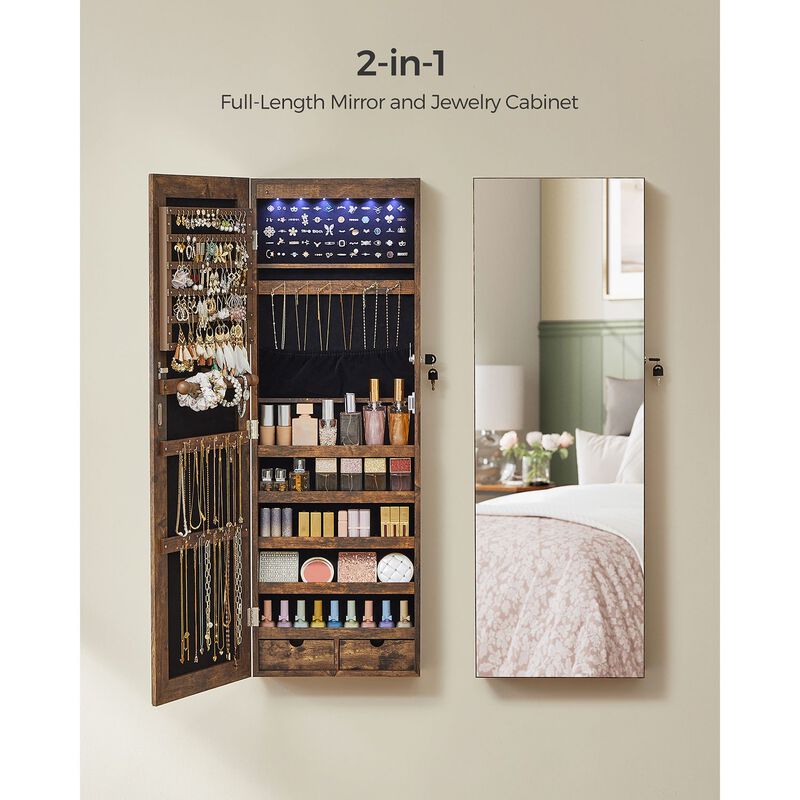 6 LEDs Jewelry Organizer Cabinet Armoire with Full Screen Mirror, Wall Hanging/Door Mounted, Large Capacity