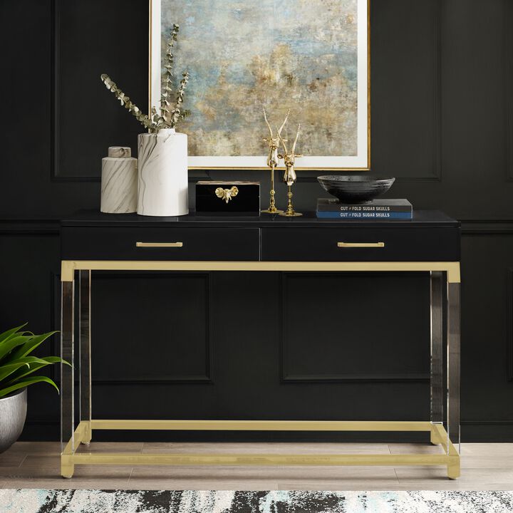 Inspired Home Kalel High Gloss 2 Drawers Console Table with Acrylic Legs and Stainless Steel Base