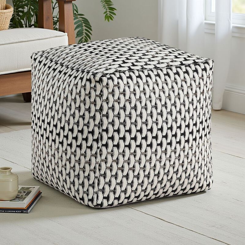 Modern Pouf Ottoman, Black White Basket Woven Jacquard, 16 Inch Square