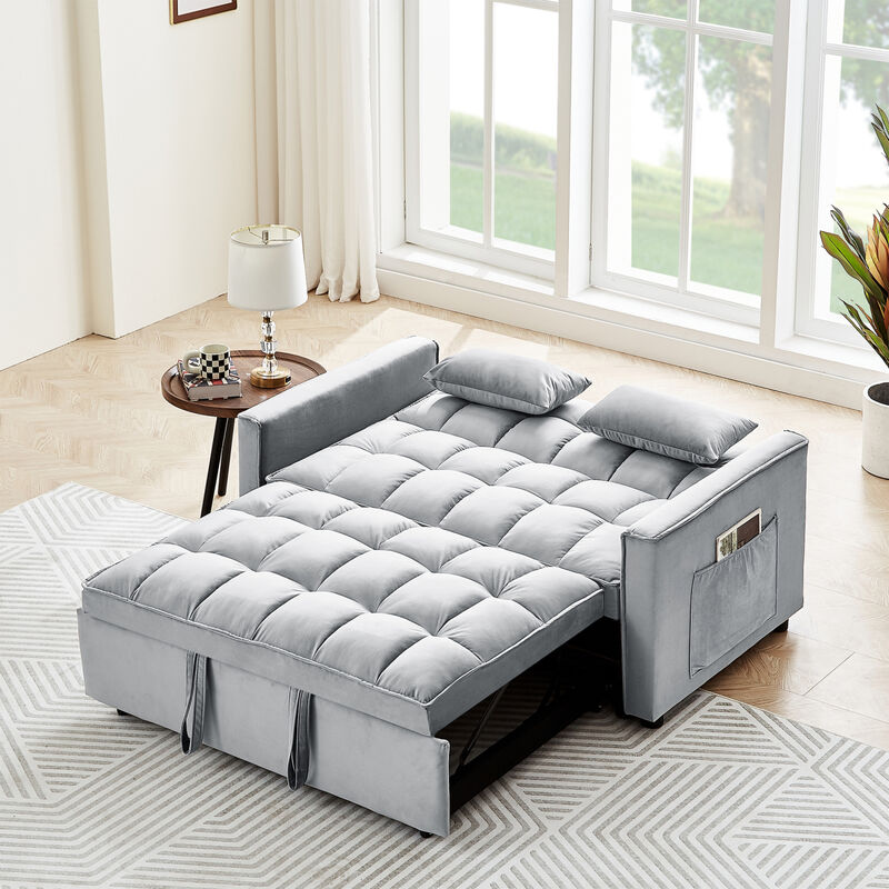 Sleeper Sofa Couch w/Pull Out Bed, 55" Modern Velvet Convertible Sleeper Sofa Bed, Small Love seat Sofa Bed w/Pillows & Side Pockets for Small Space, Living Room, Apartment,Gray