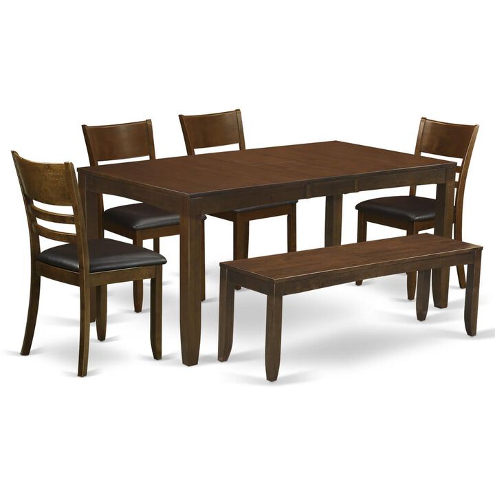 6 Pc Dining room set with bench-Table with Leaf and 4 Kitchen Chairs Plus 1 Bench