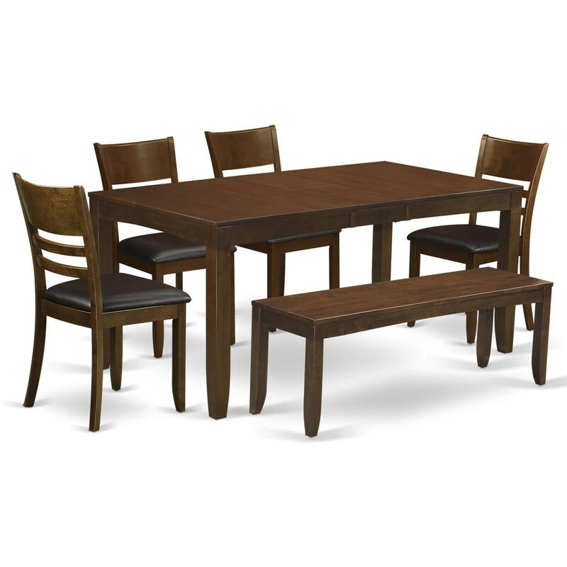 6 Pc Dining room set with bench-Table with Leaf and 4 Kitchen Chairs Plus 1 Bench