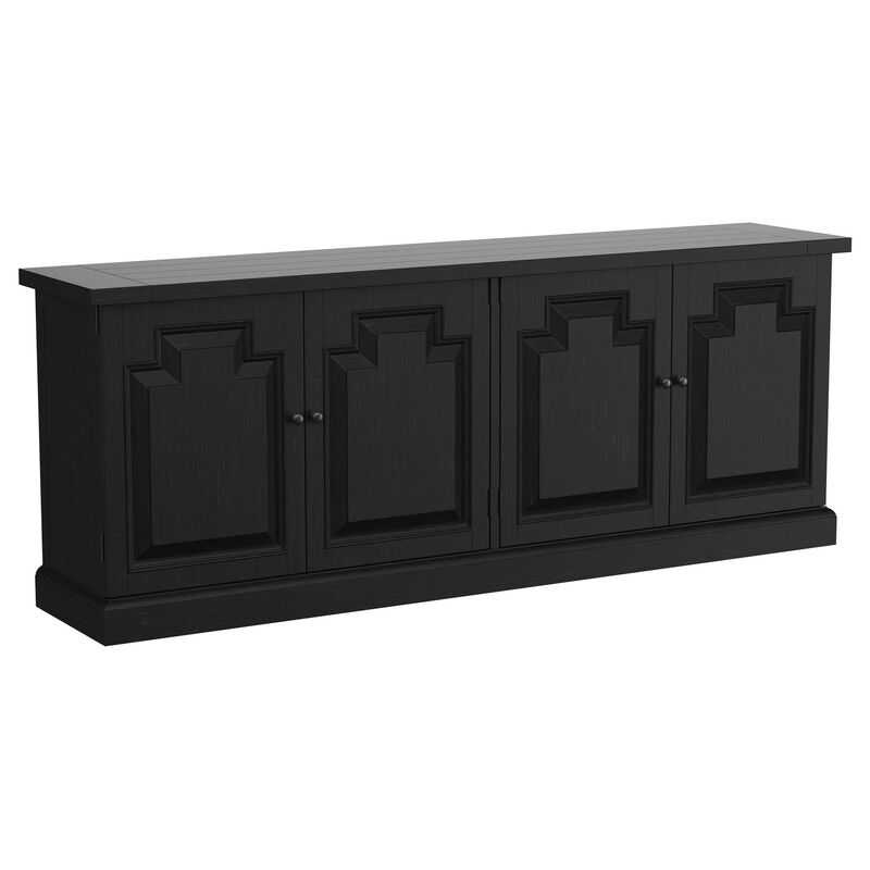 Som Dining Sideboard Buffet, 4 Carved Doors, Classic Black Pine Wood - Benzara