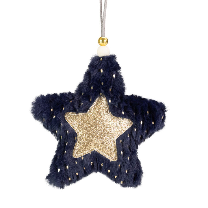 5.5" Blue and Gold Plush Star Christmas Ornament