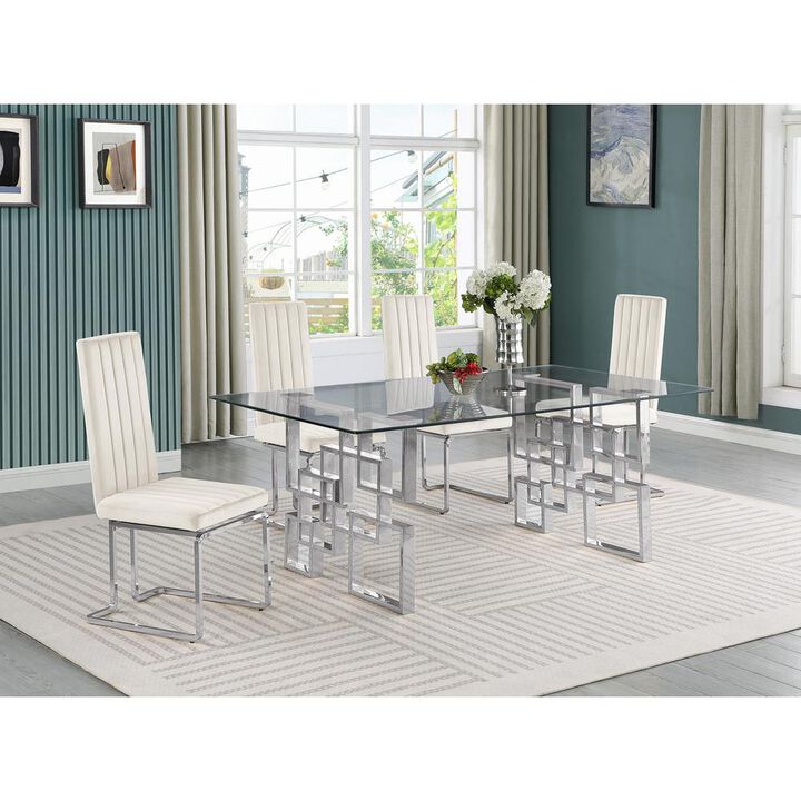 5-piece glam dining set with 4 Cream chairs and one 79" glass  table