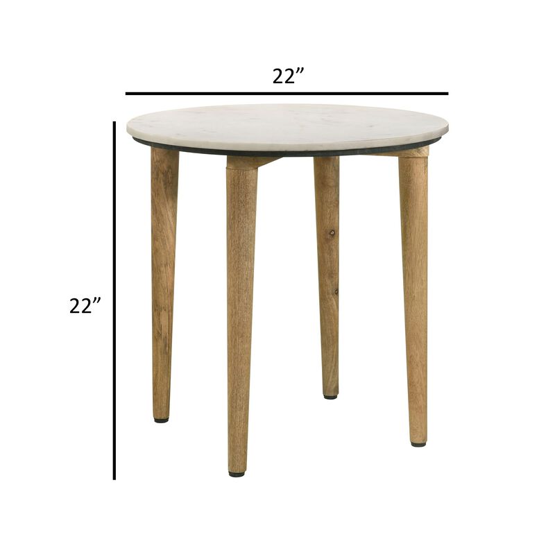 Wolu 22 Inch Side End Table, White Marble Round Top, Natural Brown Wood image number 4