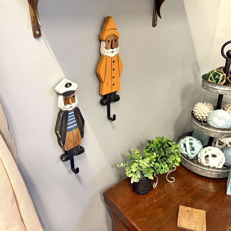 Set Of 2 Nautical Sailor Captain Fisherman Wall Hooks, Wood & Metal 1475 In image number 5