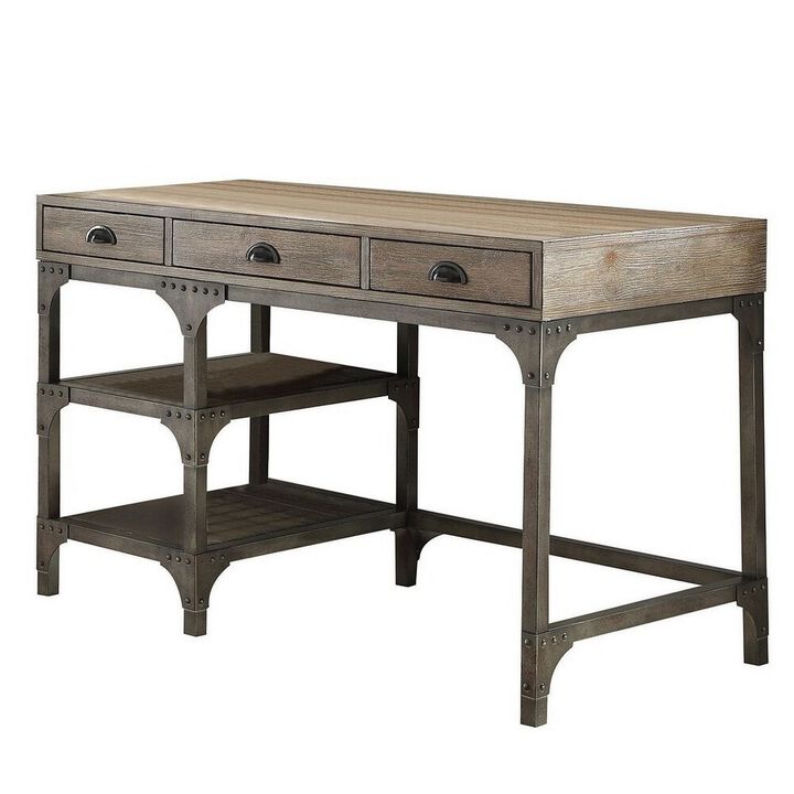 Wood And Metal Desk With Three Drawers And Two Side Shelves, Oak Brown And Gray-Benzara