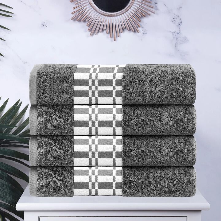 4-Piece Cotton Bath Towel Set with Geometric Border Design