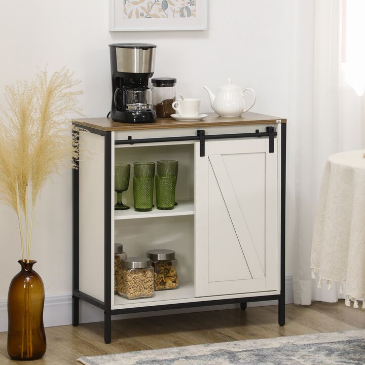 Two-Tone Kitchen Organizer: White/Brown Buffet with Sliding Barn Door