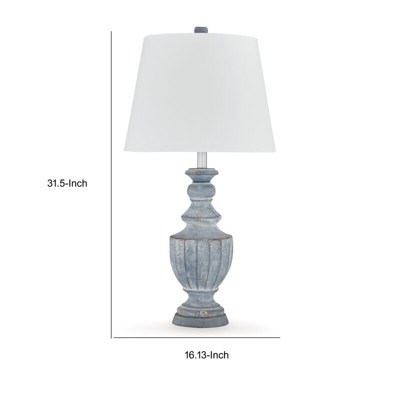 Rick 32 Inch Table Lamp, White Empire Fabric Shade, Turned Blue Terracotta - Benzara