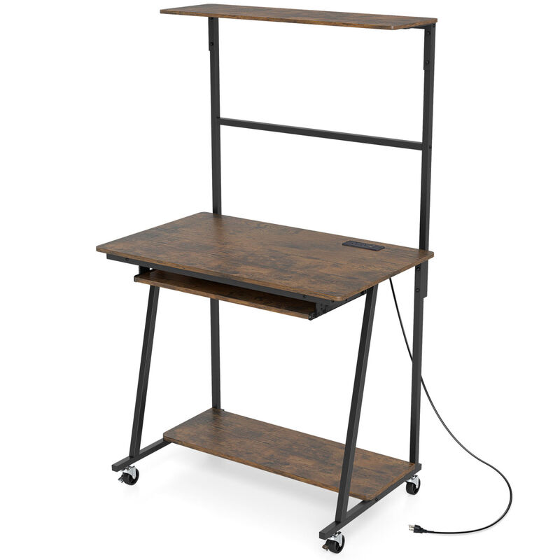 Small Rolling Computer Desk with LED Lights and Charging Station image number 3