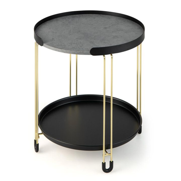 Hivvago 2-Tier Round Side Table with Removable Tray and Metal Frame for Small Space