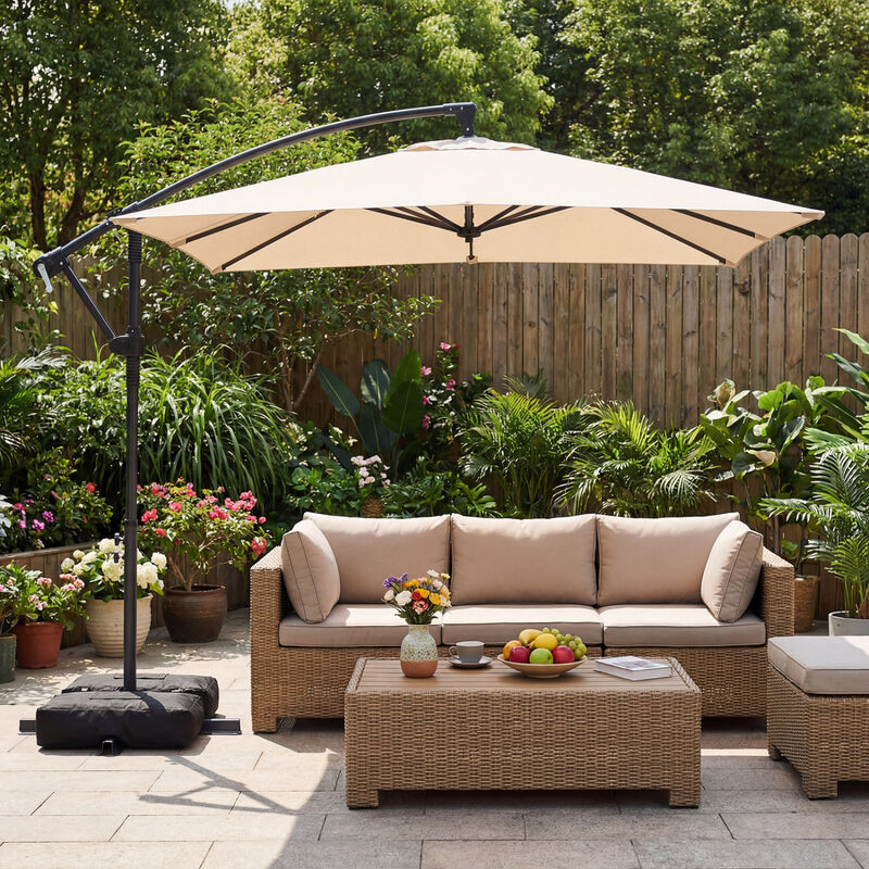 8ft cantilever patio umbrella Costway 8' x 8' Offset Square Hanging Outdoo FactoryPure you can place additional sandbags or weights on the base Mondawe 8 x 8 ft