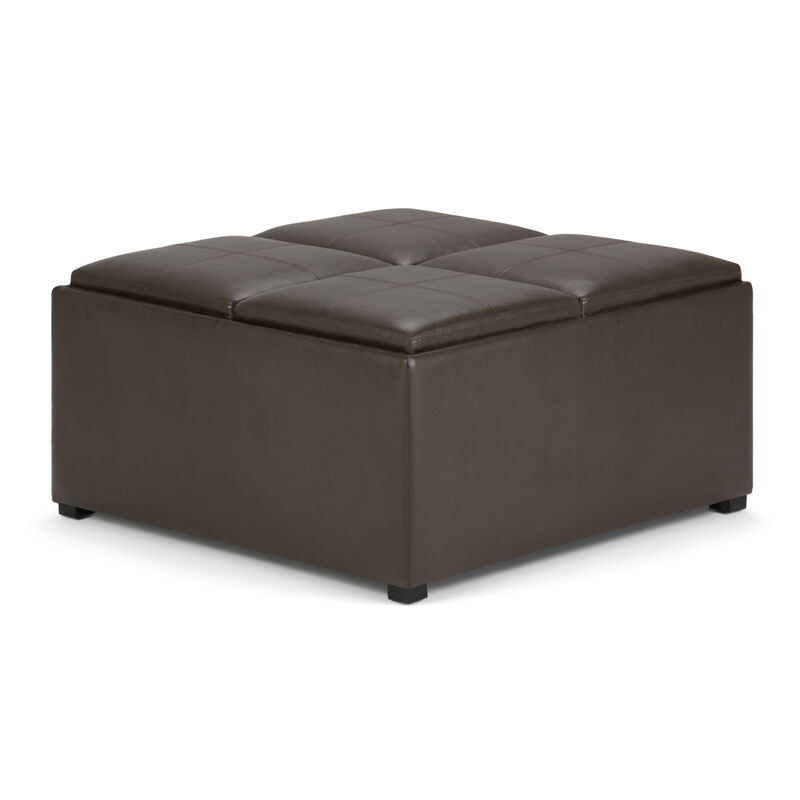 Avalon 35 inch Wide Contemporary Square Coffee Table Storage Ottoman in Chocolate Brown Vegan Faux Leather, Assembled