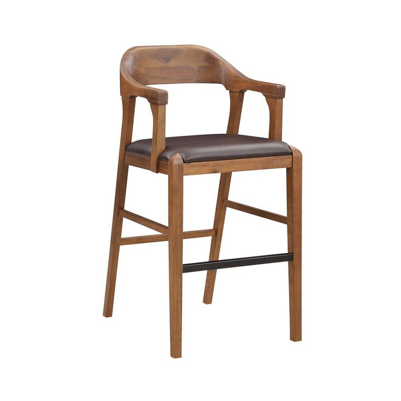 Rase 29 Inch Barstool Chair, Faux Leather Seat, Open Curved Back, Brown - Benzara