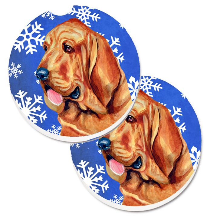 Caroline's Treasures Bloodhound Winter Snowflakes Holiday Set of 2 Cup Holder Car Coasters LH9286CARC, 2.56, Multicolor