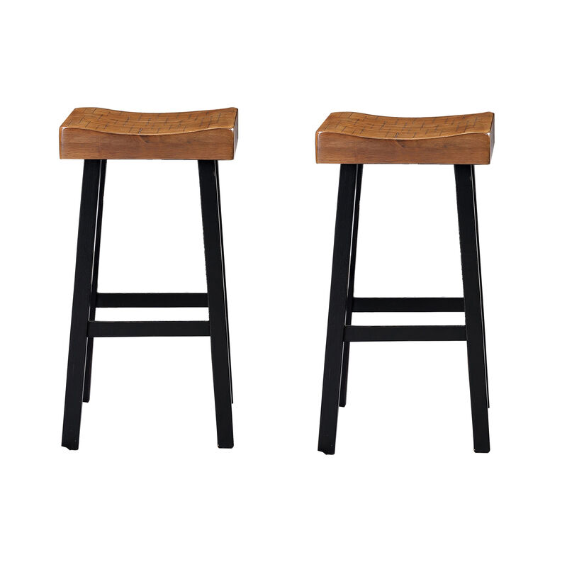 Bianca Barstool Set of 2, Light Brown Saddle Seat, Black Solid Wood - Benzara