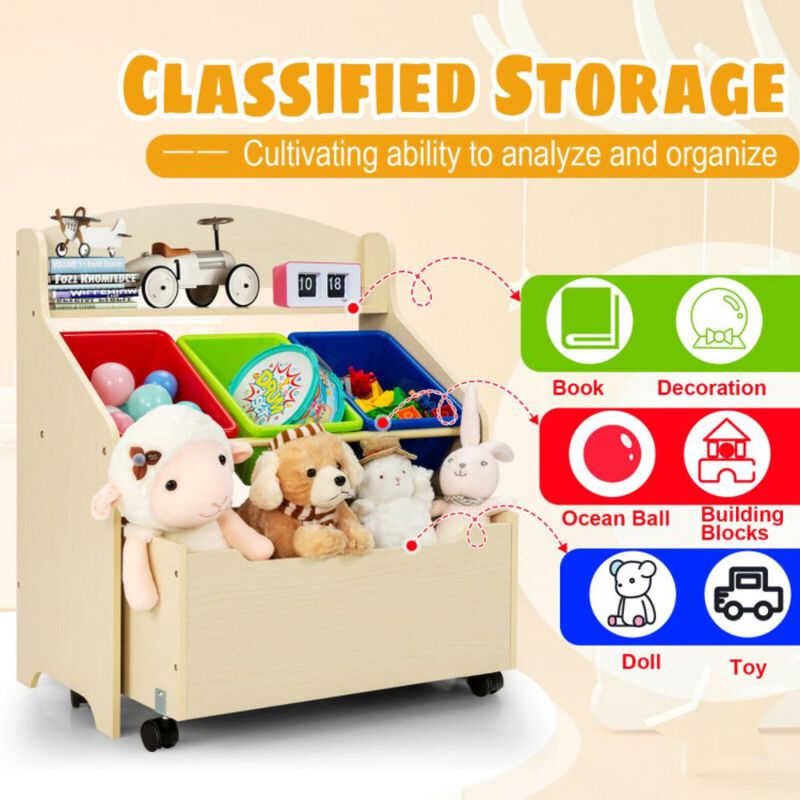 Hivvago Kids Wooden Toy Storage Unit Organizer with Rolling Toy Box and Plastic Bins