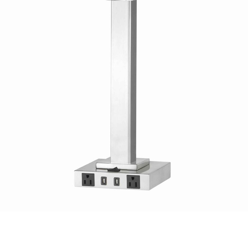 Trapezoid Shade Table Lamp with Metal Base and 2 USB Ports,White and Chrome - Benzara