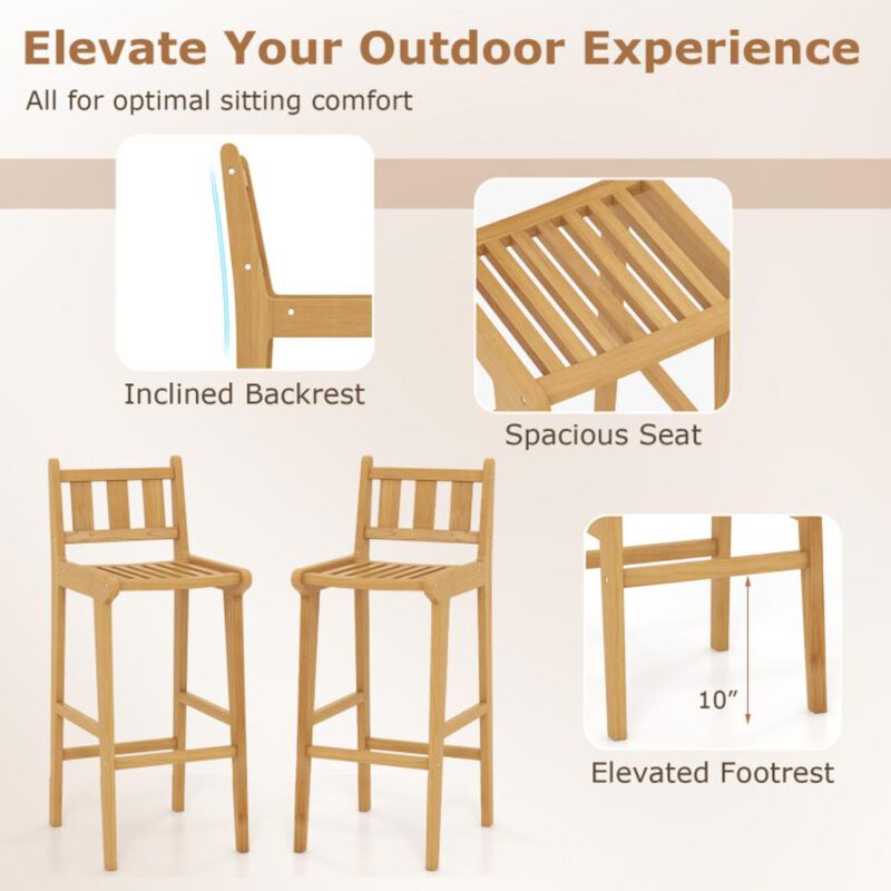 Hivvago 30 Inch Teak Wood Bar Chair with Footrest and Backrest for Deck Poolside Garden